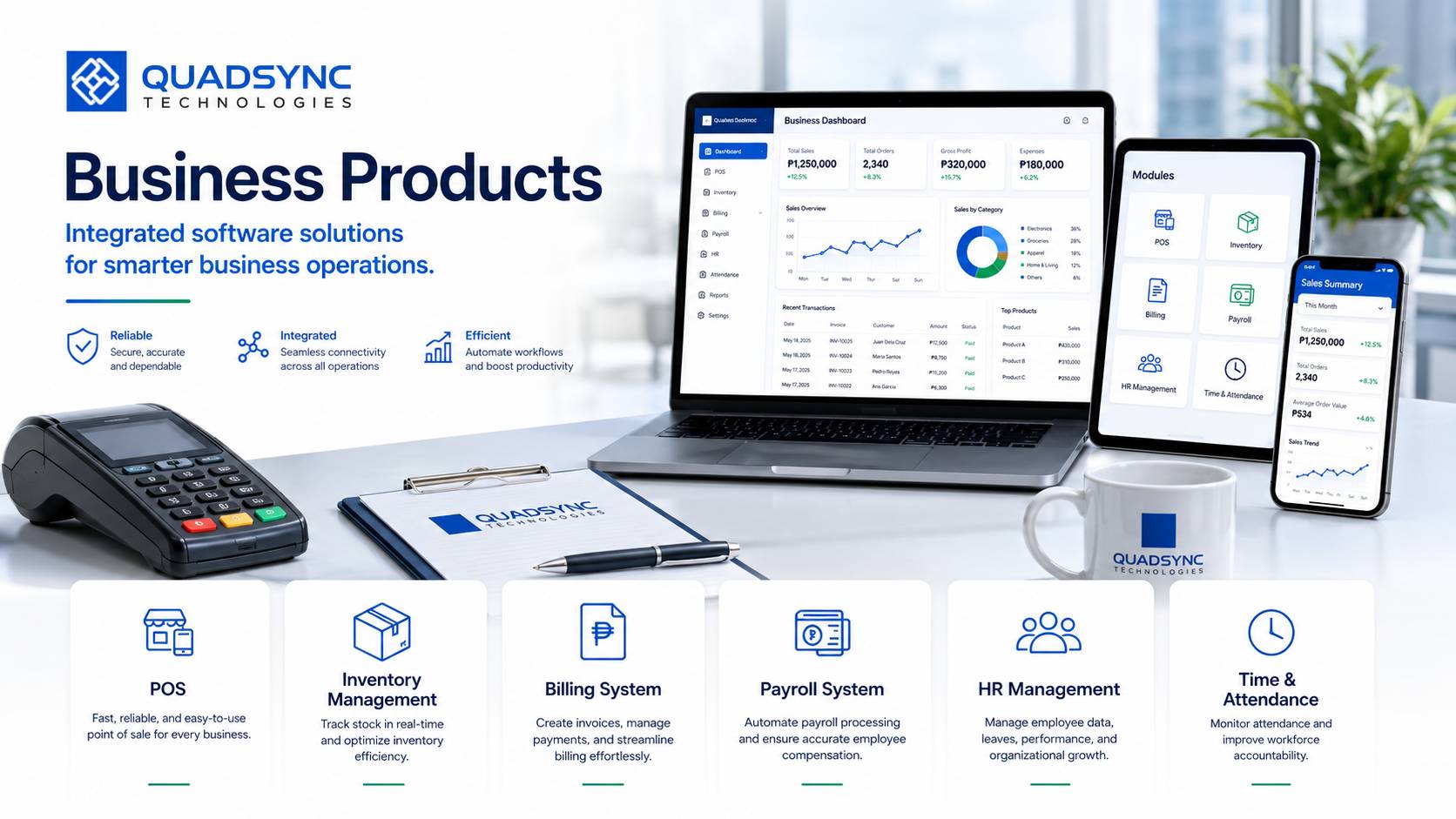 QuadSync Business Products — POS, Inventory, Billing, Payroll, HR, and more